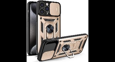 Hoesje geschikt voor iPhone 15 Pro met Ringhouder en Camera schuifje – Goud