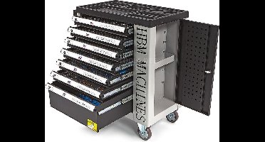 HBM gevulde gereedschapswagen 262-delig zwart, 7 laden, slot, vergrendeling, 100 kg, 4 wielen, 125 mm