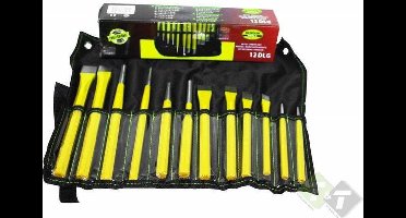 Beitelset, 12 delig, plat, stomp, punt, drevel