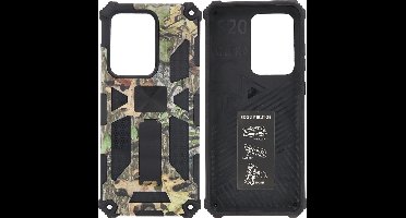 Hoesje Geschikt Voor Samsung Galaxy S20 Ultra Hoesje - Rugged Extreme Backcover Blaadjes Camouflage met Kickstand - Groen