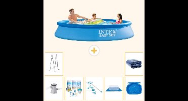 Intex Rond Opblaasbaar Easy Set Zwembad - 305 x 61 cm - Blauw - Inclusief Pomp - Onderhoudspakket - Schoonmaakset - Grondzeil - Voetenbad - Ladder - Solarzeil - 8-delig