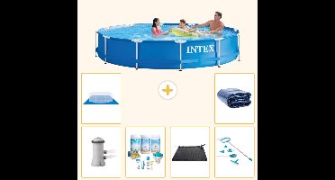 Intex Rond Frame Zwembad - 366 x 76 cm - Blauw - Inclusief Pomp - Onderhoudspakket - Solar Mat - Schoonmaakset - Grondzeil - Solarzeil - 7-delig