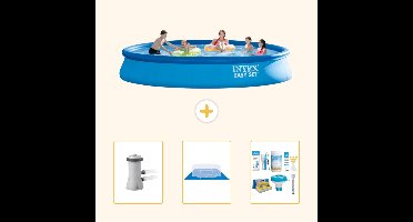 Intex Rond Opblaasbaar Easy Set Zwembad - 457 x 84 cm - Blauw - Inclusief Pomp - Grondzeil - Onderhoudspakket - 4-delig
