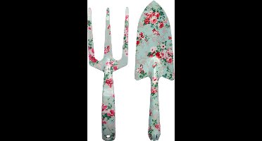 2-delige tuingereedschap set rozen print schep en hark metaal - Handhark 23 cm - Tuinschep/plantenschep 27 cm