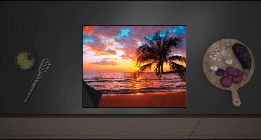 Inductieplaat Beschermer - Palmboom op Prachtig Verlaten Strand met Zonsondergang - 60x52 cm - 2 mm Dik - Inductie Beschermer met zwarte kern