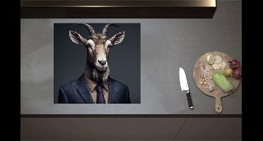 Inductieplaat Beschermer - Bok met Sik en Horens in Zakelijk Pak met Stropdas - 59x55 cm - 2 mm Dik - Inductie Beschermer - Bescherming Inductiekookplaat - Kookplaat Beschermer van Zwart Vinyl