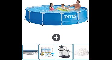 Intex Rond Frame Zwembad - 366 x 76 cm - Blauw - Inclusief Afdekzeil - Onderhoudspakket - Zwembadfilterpomp - Filterbollen