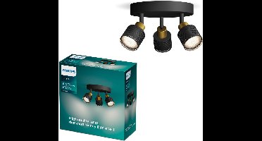 Philips Niall Spot - Plafondspot met drie lichtpunten - Zwart met goud design - GU10 LED fitting - Ronde basisplaat