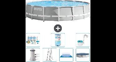 Intex Rond Prism Frame Zwembad - 457 x 107 cm - Grijs - Inclusief Pomp - Ladder - Grondzeil - Afdekzeil Onderhoudspakket - Filter - Skimmer