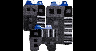 Wicotex - Badmat set - Badmat - Toiletmat - Bidetmat modern Zwart - Antraciet - Wit - Antislip onderkant - WC mat met uitsparing