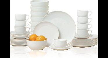 alpina serviesset 8 Persoons - Aardewerk Servies 40-Delig - Bordenset met Ontbijtborden, Dinerborden, Kommen, Kopjes en Schotels - Servies Set Vaatwasser- en Magnetronbestendig - Wit