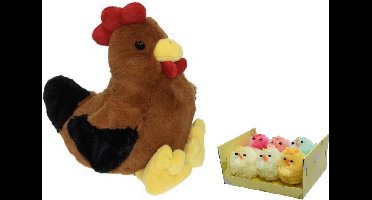 Decoris Pluche bruine kippen knuffel - 25 cm - met 6x stuks mini kuikentjes 4 cm - Paas/pasen decoratie