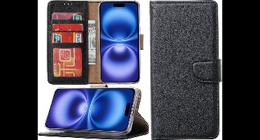 Hoesje Geschikt voor iPhone 16 hoesje – portemonnee bookcase met pasjeshouder – Zwart