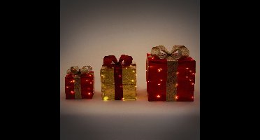 Set van 3 LED decoratie geschenkdoos met 90 warm witte LED's rood goud draad frame batterij met timer