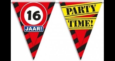 16 jaar vlaggenlijn slinger - waarschuwingsbord - 100 cm - kunststof - leeftijd feestartikelen
