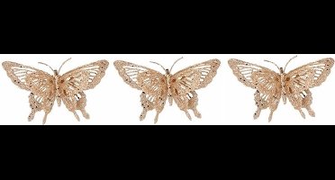 3x Kerst decoratie vlinders goud 15 x 11 cm - Kerstboom versiering/decoratie vlinder op clip