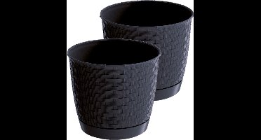 2x stuks ronde gevlochten plantenpotten/bloempotten kunststof dia 14.5 cm en hoogte 12.5 cm in het antraciet grijs