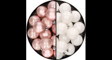 32x stuks kunststof kerstballen mix van lichtroze en wit 4 cm - Kerstversiering