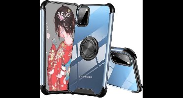 Hoesje Geschikt Voor Samsung Galaxy S20 Ultra silicone hoesje met ringhouder en Zwart metallic look