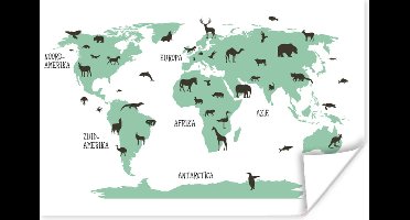 Poster kinderen - Schilderij kids - Kinderkamer wanddecoratie - Wereldkaart - Kinderen - Dieren - Groen - Kids - Jongen - Meiden - 30x20 cm