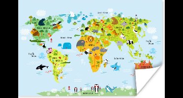 Poster kinderen - Wereldkaart - Kinderen - Dieren - Natuur - Jongens - Meisjes - Poster slaapkamer - Schilderij voor kinderen - 30x20 cm - Kinderkamer decoratie