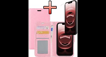Hoesje - Met Screenprotector - Geschikt voor Apple iPhone 16e / 17e - Luxe Pasjeshouder - Bookcase Portemonee - Flip Case - Kunstleer Book Case - Flipcase - Book Cover - Walletcase - Portemonneehoes - Lichtroze