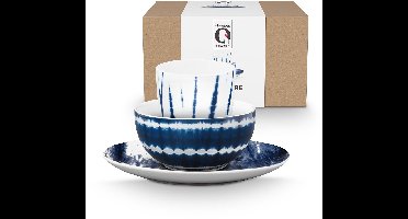 vtwonen - Tie-Dye Ontbijtset - Ontbijtbord, Ontbijtkom, Mok zonder Oor - Blauw, Wit - Porselein - Serviesset van 3