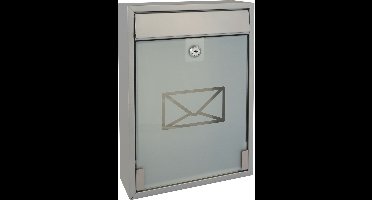 Perel Brievenbus met naamplaatje, Milan wandbrievenbus, wandmontage, met slot, deksel, afsluitbaar, incl. 2 sleutels, voorkant in matglas, 36 x 26 x 8 cm, zilvergrijs