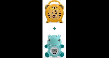 Alecto Baby Bundel - BC100TIGER Slaaptrainer met Nachtlamp en Wekker + BC-11 Hippo Bad en Kamer Thermometer