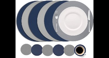 Cookinglife Vegan Leren Placemats Set - Rond 6 Placemats & 6 Onderzetters - Placemat Set - Kunstleer - Blauw/Grijs - Dubbelzijdig Set van 12 6x Ø38 cm + 6x Ø10 cm