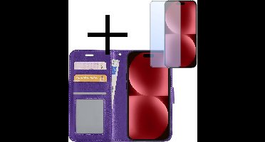 Hoesje - Met Screenprotector - Geschikt voor Apple iPhone 15 - Luxe Pasjeshouder - Bookcase Portemonee - Flip Case - Kunstleer Book Case - Flipcase - Book Cover - Walletcase - Portemonneehoes - Paars