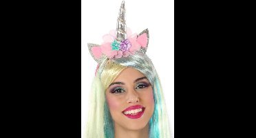 Atosa Verkleed haarband Unicorn/eenhoorn - zilver gekleurd - meisjes/dames - met bloemen