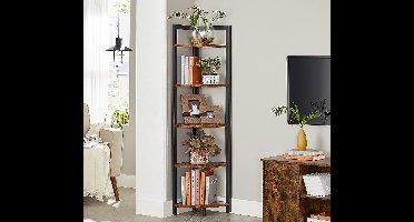 FurnStar - Hoekkast met 5 Niveaus - Hoekboekenkast - Veelzijdig Opbergmeubel - Plantenrek - Voor Woonkamer - Slaapkamer - Kantoor - Industrieel - 30x30x150 - Bruin/Zwart