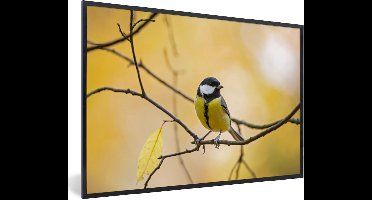 PosterMonkey - Poster - Fotolijst - Vogel - Koolmees - Geel - Takken - Blad - 90x60 cm - Poster dieren - Poster vogels - Foto lijst - Poster met kader - Frame