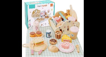 Houten Picknick Speelset voor Kinderen - 25+ Delige Educatieve Set - Inclusief Picknickmand, Snijbaar Speelgoedeten & Servies - Montessori Rollenspel Cadeau - Meisjes & Jongens vanaf 3 Jaar