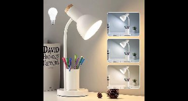 Tafellamp, Tafellamp Met Pennenhouder, 3 Kleurmodi, Eye Care Leeslamp, Studielamp Geschikt Voor Bedside Home Office (Wit)