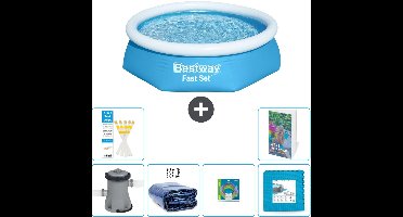 Bestway Rond Opblaasbaar Fast Set Zwembad - 244 x 61 cm - Blauw - Inclusief Pomp Solarzeil - Speelgoed - Vloertegels - 7-delig