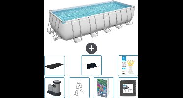 Bestway Rechthoekig Power Steel Zwembad - 640 x 274 x 132 - Grijs - Inclusief Pomp - Ladder - Afdekzeil - Solar Mat - Vloertegels - 8-delig
