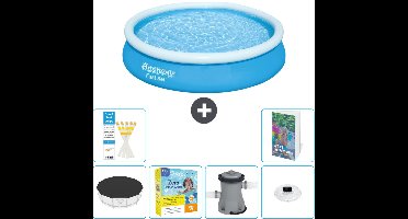 Bestway Rond Opblaasbaar Fast Set Zwembad - 366 x 76 cm - Blauw - Inclusief Afdekzeil - Onderhoudspakket - Zwembadfilterpomp - Verlichting - 7-delig