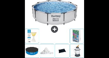 Bestway Rond Steel Pro MAX Zwembad - 305 x 76 cm - Grijs - Inclusief Afdekzeil - Filterbollen - Solar Mat - Zwembadfilterpomp - 7-delig