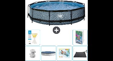 EXIT Rond Stone Frame Zwembad - 360 x 76 cm - Inclusief Pomp Afdekzeil - Loungebed - Solar Mat - 7-delig