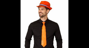 Verkleed oranje Trilby hoed - volwassenen - Koningsdag / Nederland - met oranje pailletten stropdas - supporters setje - Dames en heren