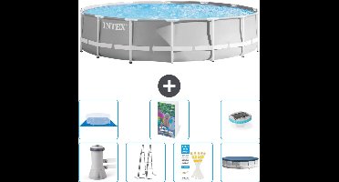 Intex Rond Prism Frame Zwembad - 427 x 107 cm - Grijs - Inclusief Pomp - Ladder - Grondzeil - Afdekzeil Verlichting - 8-delig