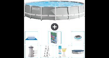 Intex Rond Prism Frame Zwembad - 457 x 107 cm - Grijs - Inclusief Pomp - Ladder - Grondzeil - Afdekzeil Verlichting - 8-delig
