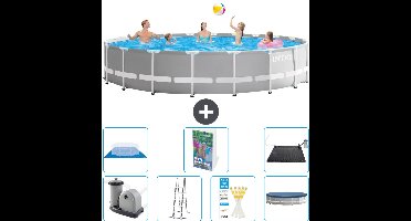 Intex Rond Prism Frame Zwembad - 610 x 132 cm - Grijs - Inclusief Pomp - Ladder - Grondzeil - Afdekzeil Solar Mat - 8-delig