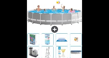 Intex Rond Prism Frame Zwembad - 610 x 132 cm - Grijs - Inclusief Pomp - Ladder - Grondzeil - Afdekzeil - Filter - Speelgoed - 9-delig