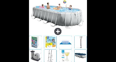 Intex Ovaal Prism Frame Zwembad - 610 x 305 x 122 cm - Grijs - Inclusief Pomp - Ladder - Grondzeil - Afdekzeil - Onderhoudspakket - Thermometer - 9-delig