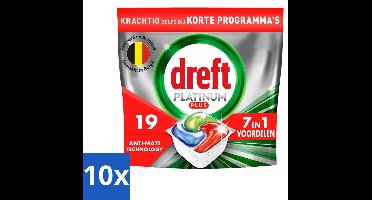10 x Dreft - Vaatwastabletten - Platinum Plus All-in-One - Krachtige reiniging - 19 Tabletten - Vaatwasmiddel - Vaatwastabletten - Glans Herstellen - Vaat Reinigen - Vaatwasser