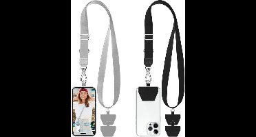 2 stuks verstelbare telefoonkoordjes voor om de nek, universeel telefoonkoord met 4 zelfklevende bevestigingsstukken, compatibel met de meeste smartphones, zwart + grijs