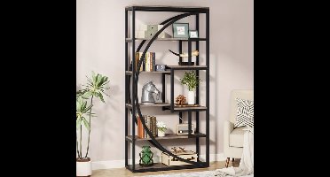 Boekenkast – Vakkenkast – Boekenrek – Opbergkast – Wandkast – 6 Lagen – Geometrisch Design – 179,83 cm Hoog – Retrogrijs Hout Met Zwart Metaal – Sterk En Duurzaam – Eenvoudig Te Monteren